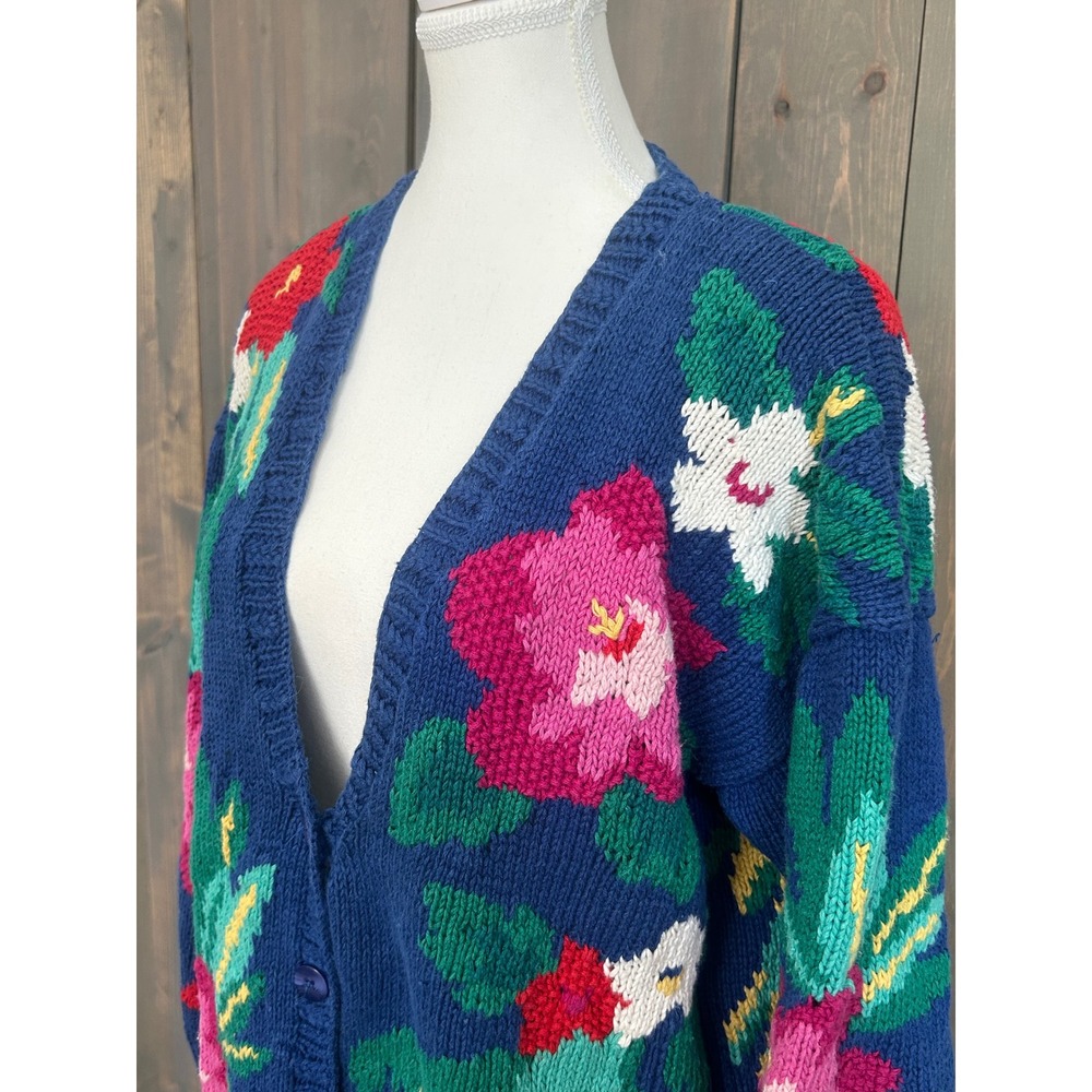 Izod Vintage Hand Knit Floral Cardigan Sweater Blue Ramie Cotton Womens Medium - Picture 2 of 7